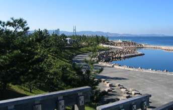 太鼓橋上段から望む公園と大阪湾の風景